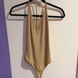 Nude Halter Bodysuit with Silver Accents